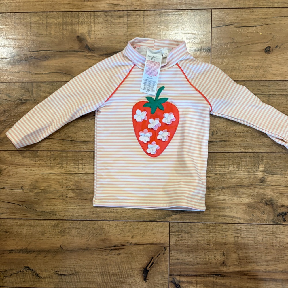 Boden Pink Striped Long Sleeve Swim Bathing Suit with Strawberry - 6-12 months